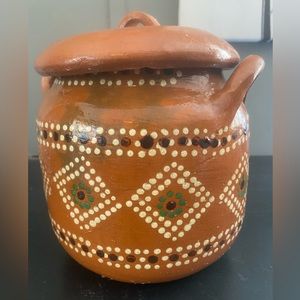 Hand made cookie jar/canister clay/metal and painted